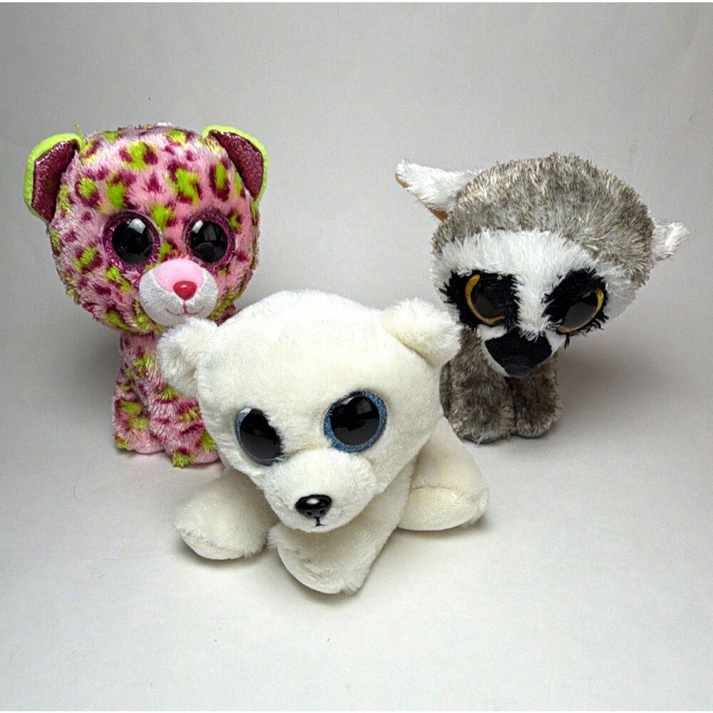 Ty Beanie Babies Polar Bear Leopard Raccoon Plush Lot of 3